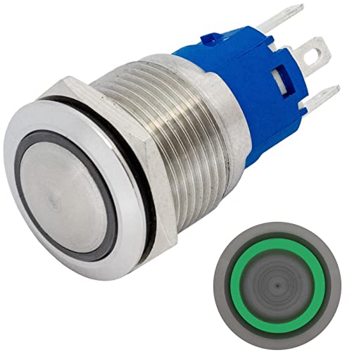 Lumonic Edelstahl Drucktaster gewölbt 19mm Durchmesser I Mit einer Ring LED in Grün Maße: 2,8x0,5mm Pin s 250V 3A I Vandalismussicher nach dem IP65 St von Lumonic