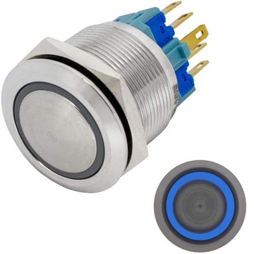 Lumonic Edelstahl Drucktaster gewölbt 22mm Durchmesser I Mit einer Ring LED in Blau Maße: 2,8x0,5mm Pin s 250V 3A I Vandalismussicher nach dem IP65 Standard von Lumonic