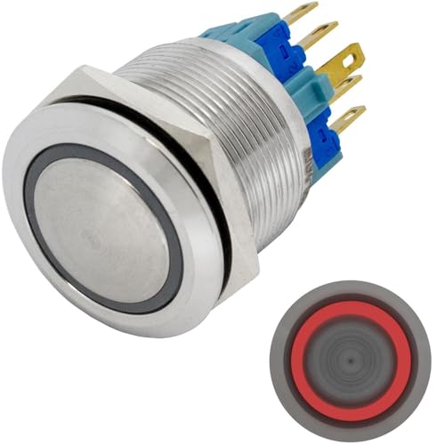 Lumonic Edelstahl Drucktaster gewölbt 22mm Durchmesser I Mit einer Ring LED in Rot Maße: 2,8x0,5mm Pin s 250V 3A I Vandalismussicher nach dem IP65 Sta von Lumonic