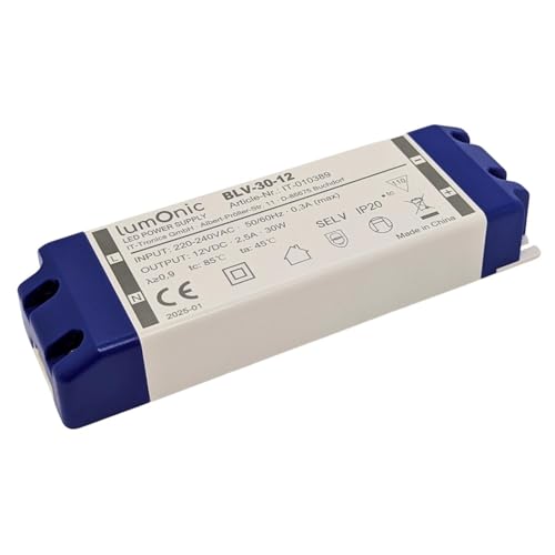Lumonic I LED Trafo BLV-30-12 I 12V 30W I Input 220-230VAC I flimmerfrei & effizient I Überlastschutz I LED-Netzteil I für LED-Beleuchtung & LED-Strei von Lumonic