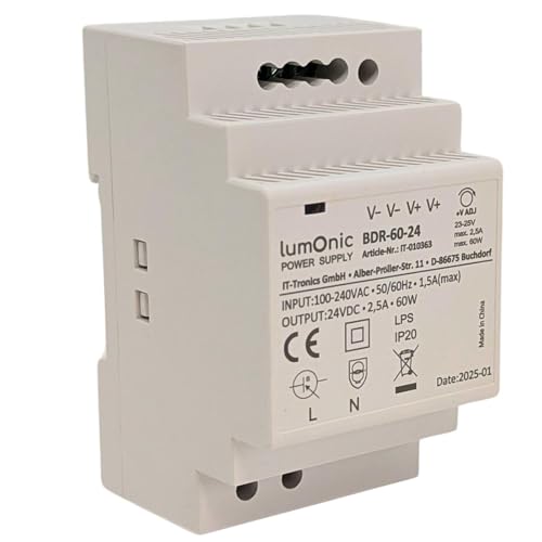 Lumonic I Netzteil Hutschiene BDR-60-24 I 24V / 60W I Input 100-240VAC I Überlastschutz & kurzschlussfest I DIN-Rail Schaltnetzteil I Schaltschrank & von Lumonic