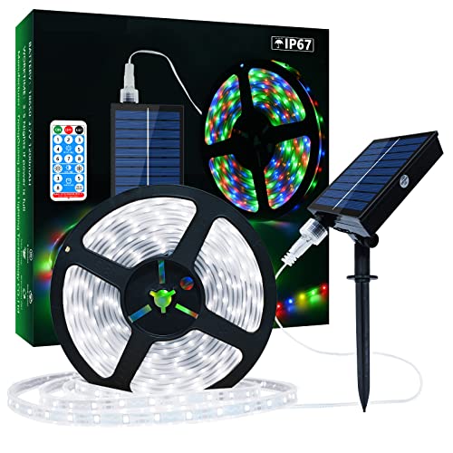 LUMTANG Solar LED Streifen Außen, 5m 280 LEDs LED Strip IP67 Wasserdichter, Dimmbare Lichtleisten mit Fernbedienung, Kühles Weißes LED Lichter für Gartenbäume Zuhause Weihnachten Urlaub Terrasse Party von Lumtang