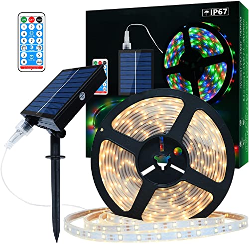 Lumtang 5M Warmweißes Solar LED Streifen Außen, 8 Modi Sonnenbetrieben led strip Wetterfest， 280 LEDs Dimmbare Lichtleisten mit Fernbedienung, für Außen Garten Terrasse Outdoor Deko von Lumtang