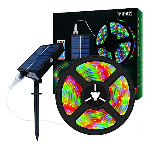 Solar LED Streifen Außenbereich, 10m 560 LEDs Solarbetriebener RGB Farbwechsel LED Strip mit 8 Beleuchtungsmodi Wasserdichte dekorative Lichterketten für Patio Hof Bäume von Lumtang