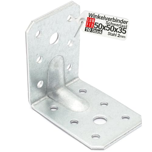 10 X Winkelverbinder Lochplattenwinkel 90 Grad Bauwinkel verstärkt mit Steg Konstruktionswinkel Montagewinkel 50x50x35x2,0 von Lun Fix