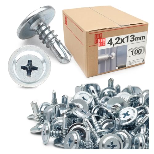100 Stk. Bohrschrauben 4,2 x 13 mm aus Stahl verzinkt mit gewölbtem Tellerkopf und PH2 Kreuzschlitz – selbstbohrend und selbstschneidend für Blech, Metall, Holz, Alu 100 Stk. Bohrschrauben 4,2 x 13 mm aus Stahl verzinkt mit gewölbtem Tellerkopf und PH2 Kreuzschlitz – selbstbohrend und selbstschneidend für Blech, Metall, Holz, Alu von Lun Fix
