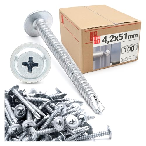 100 Stk. Bohrschrauben 4,2 x 50 mm aus Stahl verzinkt mit gewölbtem Tellerkopf und PH2 Kreuzschlitz – selbstbohrend und selbstschneidend für Blech, Metall, Holz, Alu von Lun Fix