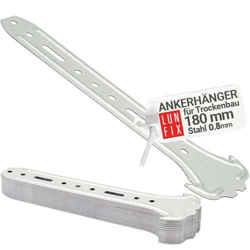 100 Stück 180 mm Ankerhänger für Trockenbau | Für CD-Profile 60/27 | 0,8 mm Stahlblech | Korrosionsbeständig | Verzinkt | Deckenkonstruktion von Lun Fix