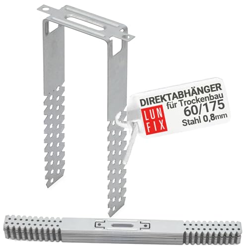 100 Stück 60/175 mm Direktabhänger für Trockenbau | Für CD-Profile 60/27 | Deckenabhänger | Materialstärke 0,8 mm | U-Abhänger | Präzise Deckenprofil-Montage von Lun Fix