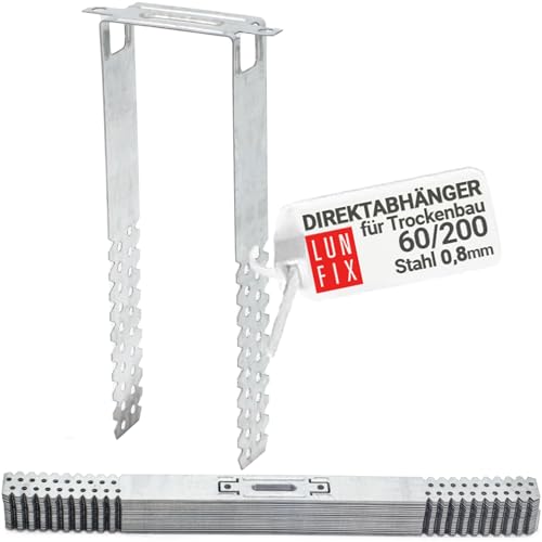 100 Stück 60/200 mm Direktabhänger für Trockenbau | Für CD-Profile 60/27 | Deckenabhänger | Materialstärke 0,8 mm | U-Abhänger | Präzise Deckenprofil-Montage von Lun Fix