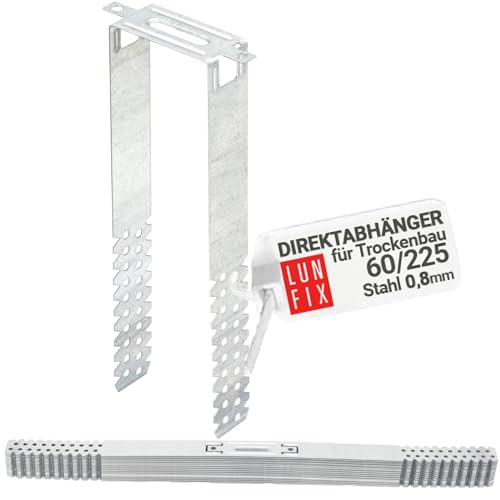 100 Stück 60/225 mm Direktabhänger für Trockenbau | Für CD-Profile 60/27 | Deckenabhänger | Materialstärke 0,8 mm | U-Abhänger | Präzise Deckenprofil-Montage 100 Stück 60/225 mm Direktabhänger für Trockenbau | Für CD-Profile 60/27 | Deckenabhänger | Materialstärke 0,8 mm | U-Abhänger | Präzise Deckenprofil-Montage von Lun Fix
