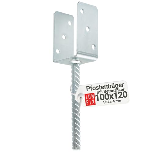 100 mm Pfostenaufnahme | Pfostenträger U-Form mit Betonanker | 195 mm Ankerhöhe | 120 mm U-Seitenhöhe | 4 mm Stahl | Feuerverzinkt von Lun Fix