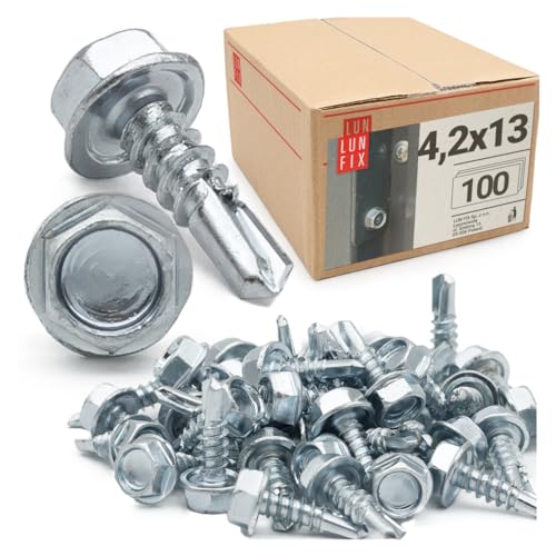 100 stk. Bohrschrauben 4,2x13 mm mit Sechskantkopf DIN 7504K aus Stahl verzinkt mit Bohrspitze für Trapezblech und Metallbleche 100 stk. Bohrschrauben 4,2x13 mm mit Sechskantkopf DIN 7504K aus Stahl verzinkt mit Bohrspitze für Trapezblech und Metallbleche von Lun Fix