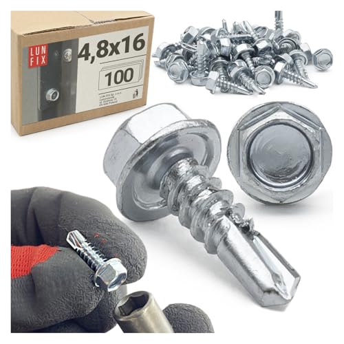 100 stk. Bohrschrauben 4,8x16 mm mit Sechskantkopf DIN 7504K aus Stahl verzinkt mit Bohrspitze für Trapezblech und Metallbleche 100 stk. Bohrschrauben 4,8x16 mm mit Sechskantkopf DIN 7504K aus Stahl verzinkt mit Bohrspitze für Trapezblech und Metallbleche von Lun Fix
