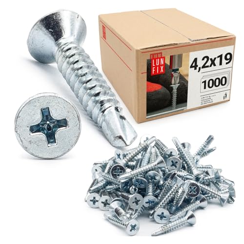 1000 stk. Set Blechschrauben DIN 7504 4,2x19 mm Senkkopf PH2 aus Stahl verzinkt selbstbohrend für Metall, Aluminium, Profile, Zaun, Terrasse von Lun Fix
