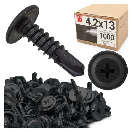 1000er Packung schwarze Bohrschrauben 4,2x13 mm aus Stahl fosfatiert mit Unterlegscheibe PH Kreuzschlitz für Trockenbau, Metallprofil, Rigips, Holz von Lun Fix