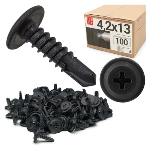 100er Packung schwarze Bohrschrauben 4,2x13 mm aus Stahl fosfatiert mit Unterlegscheibe PH Kreuzschlitz für Trockenbau, Metallprofil, Rigips, Holz von Lun Fix