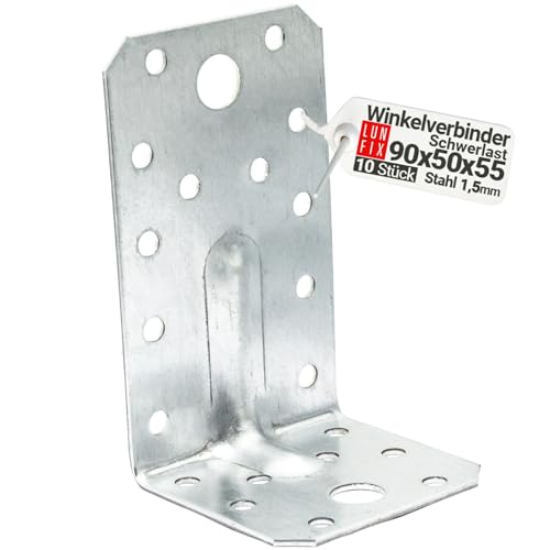 10er Set Schwerlast Winkelverbinder mit Sicke Holzverbinder Bauwinkel Konstruktionswinkel Verzinkt 90 mm x 50 mm x 55 mm von Lun Fix