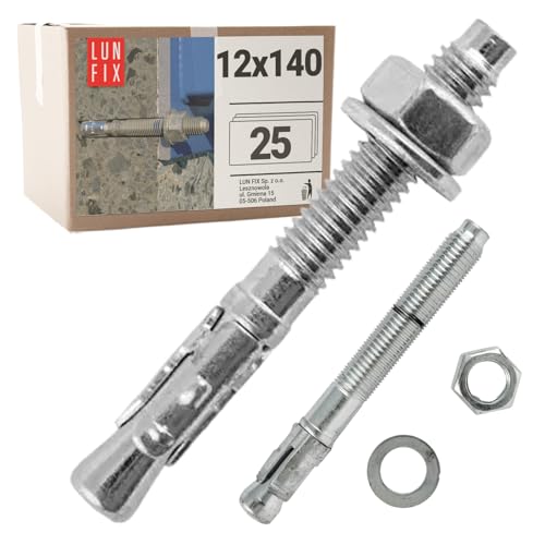 25 stk. Set Bolzenanker 12x140 mm aus Stahl verzinkt inkl. Mutter und Unterlegscheibe für Beton, Pergola, Zaun, Torbefestigung von Lun Fix