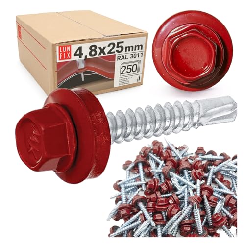 250 Stk. Set 4,8x25 mm Trapezblechschrauben RAL 3011 (Rotbraun) mit EPDM Dichtscheibe – Sechskantschrauben aus Stahl für Trapezblech, Carport, Dachplatten von Lun Fix
