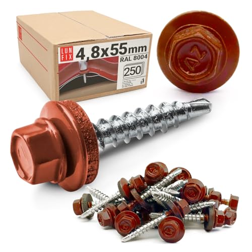 250 Stk. Set 4,8x55 mm Trapezblechschrauben RAL 8004 (Kupferbraun) mit EPDM Dichtscheibe – Sechskantschrauben aus Stahl für Trapezblech, Carport, Dachplatten von Lun Fix