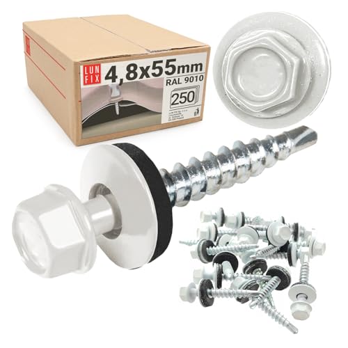 250 Stk. Set 4,8x55 mm Trapezblechschrauben RAL 9010 (Reinweiß) mit EPDM Dichtscheibe – Sechskantschrauben aus Stahl für Trapezblech, Carport, Dachplatten von Lun Fix