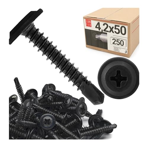 250er Packung schwarze Bohrschrauben 4,2x50 mm aus Stahl fosfatiert mit Unterlegscheibe PH Kreuzschlitz für Trockenbau, Metallprofil, Rigips, Holz 250er Packung schwarze Bohrschrauben 4,2x50 mm aus Stahl fosfatiert mit Unterlegscheibe PH Kreuzschlitz für Trockenbau, Metallprofil, Rigips, Holz von Lun Fix