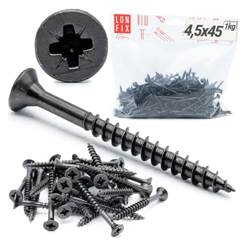 4,5x45 mm 1 kg (ca. 330 stk.) Holzschrauben Schwarz Verzinkt Gehärtet Senkkopfschrauben Vollgewinde Schrauben Set Selbstschneidende Schrauben Trockenbau von Lun Fix