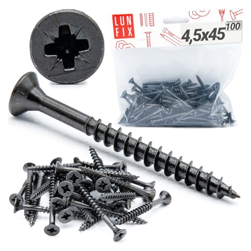4,5x45 mm 100 Stück Schrauben Senkkopf Schwarz Verzinkt Vollgewinde Selbstschneidend Kreuzschlitz Holz Metall Trockenbau Befestigung 4,5x45 mm 100 Stück Schrauben Senkkopf Schwarz Verzinkt Vollgewinde Selbstschneidend Kreuzschlitz Holz Metall Trockenbau Befestigung von Lun Fix