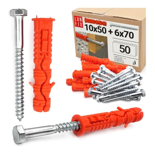 50 Stk. Set Dübel 10x50 mm mit Sechskantschraube 6x70 mm aus Nylon und Stahl weiß verzinkt inkl. Schrauben für Beton, Mauerwerk, Pergola, Fassadenmontage von Lun Fix