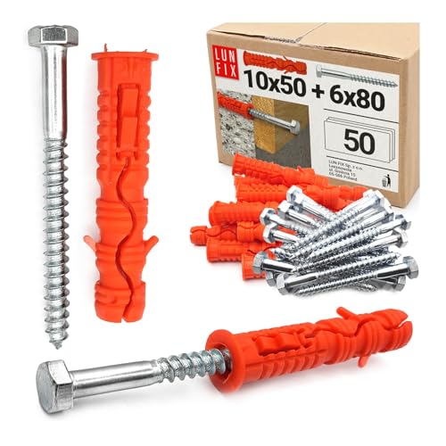 50 Stk. Set Dübel 10x50 mm mit Sechskantschraube 6x80 mm aus Nylon und Stahl weiß verzinkt inkl. Schrauben für Beton, Mauerwerk, Pergola, Fassadenmontage 50 Stk. Set Dübel 10x50 mm mit Sechskantschraube 6x80 mm aus Nylon und Stahl weiß verzinkt inkl. Schrauben für Beton, Mauerwerk, Pergola, Fassadenmontage von Lun Fix