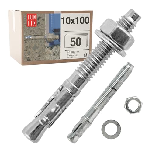 50 stk. Set Bolzenanker 10x100 mm aus Stahl verzinkt inkl. Mutter und Unterlegscheibe für Beton, Pergola, Zaun, Torbefestigung von Lun Fix