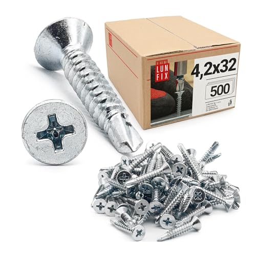 500 stk. Set Blechschrauben DIN 7504 4,2x32 mm Senkkopf PH2 aus Stahl verzinkt selbstbohrend für Metall, Aluminium, Profile, Zaun, Terrasse von Lun Fix
