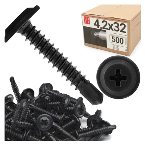 500er Packung schwarze Bohrschrauben 4,2x32 mm aus Stahl fosfatiert mit Unterlegscheibe PH Kreuzschlitz für Trockenbau, Metallprofil, Rigips, Holz von Lun Fix