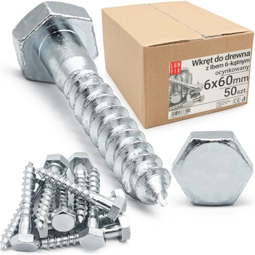 6 x 60 mm Sechskant Holzschrauben DIN571 50 Stück Schlüsselschrauben mit Sechskantkopf Verzinkter Stahl Holzbauschrauben Holzschraube Sechskant 6 x 60 mm Sechskant Holzschrauben DIN571 50 Stück Schlüsselschrauben mit Sechskantkopf Verzinkter Stahl Holzbauschrauben Holzschraube Sechskant von Lun Fix