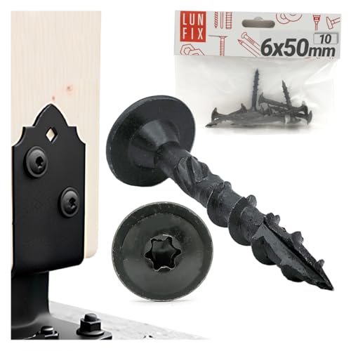 Holzschrauben 6x50 mm 10 Stk. mit Tellerkopf, torx schrauben verzinkt für pfostenträger, trockenbauschrauben schnellbauschrauben verbindung für akustikpaneele holz, außenbereich schwarz, Lun Fix von Lun Fix
