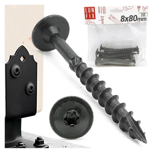 Holzschrauben 8x80 mm 10 Stk. mit Tellerkopf, torx schrauben verzinkt für pfostenträger, trockenbauschrauben schnellbauschrauben verbindung für akustikpaneele holz, außenbereich schwarz, Lun Fix von Lun Fix