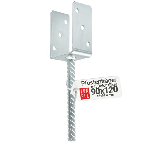 90 mm Pfostenaufnahme | Pfostenträger U-Form mit Betonanker | 195 mm Ankerhöhe | 120 mm U-Seitenhöhe | 4 mm Stahl | Feuerverzinkt von Lun Fix