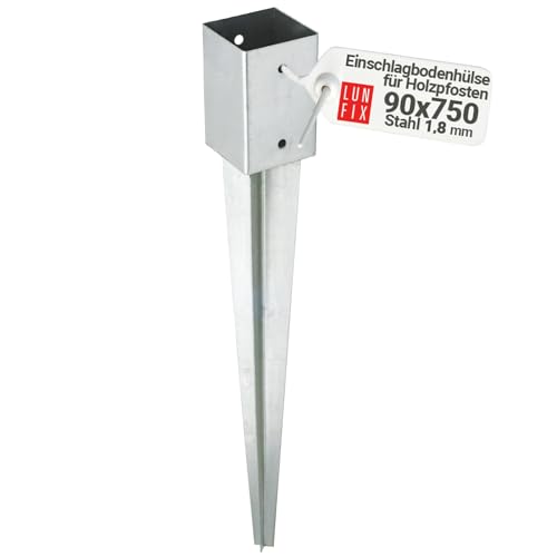 90x90mm Einschlag-Bodenhülse für Holzpfosten Rund + 4-Kant Feuerverzinkt 1,8 mm Materialstärke für Zäune & Gartenprojekte Gesamtlänge 750 mm von Lun Fix