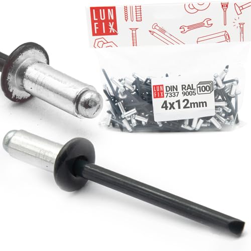 Aluminium Blindnieten Pop Nieten Stahl Dorn Industrie-Standard DIN7337 4 x 12 mm 100 Stück RAL 9005 Tiefschwarz von Lun Fix