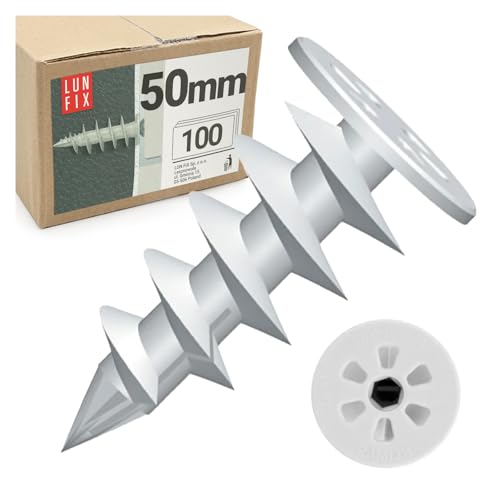 Dämmstoffdübel 50 mm aus Polyamid, WDVS & Styropor Dübel zur Befestigung in Dämmung, Ø25 mm Teller, für 4,5mm Schrauben, 100 Stück, Lun Fix von Lun Fix