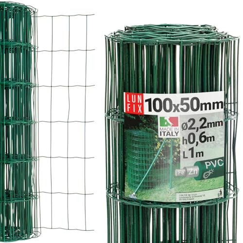Gartenzaun Maschendraht 60 cm Höhe, Drahtzaun 2,2 mm Stärke, Drahtgitter Maschenweite 100 x 50 mm, Grün PVC-beschichteter, Verzinkter Stahl Gartengitter rolle 1m von Lun Fix