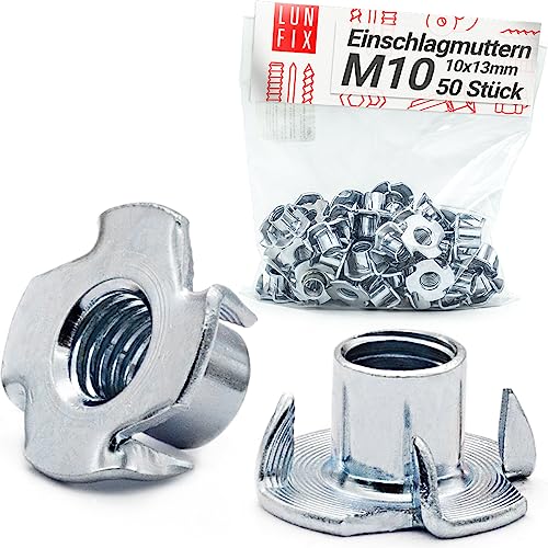 Einschlagmuttern M10 x 13 mm DIN 6930 50 Stück Verzinkter Stahl, Metrisches Innengewinde, Klauen Mutter mit 4 Einschlagkrallen, Krallen Muttern mit Einschlagspitzen für Möbelbau Einschlagmuttern M10 x 13 mm DIN 6930 50 Stück Verzinkter Stahl, Metrisches Innengewinde, Klauen Mutter mit 4 Einschlagkrallen, Krallen Muttern mit Einschlagspitzen für Möbelbau von Lun Fix