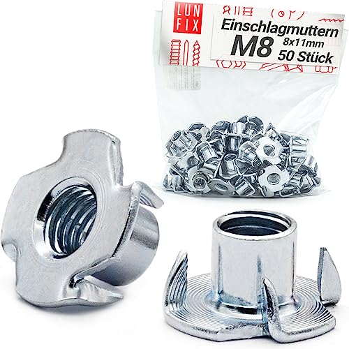 Einschlagmuttern M8 x 11 mm DIN 6930 50 Stück Verzinkter Stahl, Metrisches Innengewinde, Klauen Mutter mit 4 Einschlagkrallen, Krallen Muttern mit Einschlagspitzen für Möbelbau Einschlagmuttern M8 x 11 mm DIN 6930 50 Stück Verzinkter Stahl, Metrisches Innengewinde, Klauen Mutter mit 4 Einschlagkrallen, Krallen Muttern mit Einschlagspitzen für Möbelbau von Lun Fix