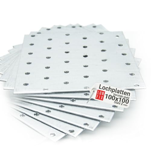 Flachverbinder - (100 x 100 x 2,0mm) – 10 Stk.- Lochplatte - Verbindungsplatte - Verbindungsblech - Verbinder - Holzverbinder - Verzinkt von Lun Fix