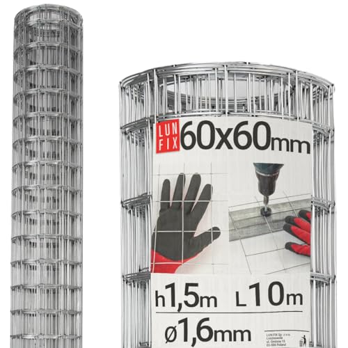 Geschweißter Verzinkter Maschendraht Höhe 1,5m x 10m Länge Maschendrahtzaunrolle mit Maschenweite 60x60mm, Drahtstärke 1,6mm | Robustes Volierendraht, Metalldrahtgeflecht, Korrosionsbeständig von Lun Fix