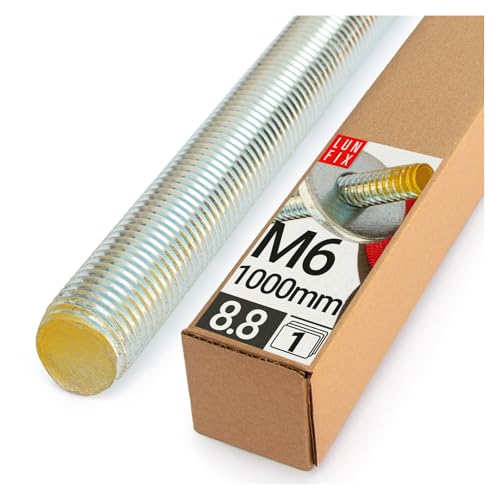 Gewindestange M6 x 1000 mm, 1 Stück Festigkeitsklasse 8.8 DIN 975 verzinkter Stahl, Karbonstahl Gewindestab mit metrischem Vollgewinde Metrisch Gewindestift nach Normen 60° Länge 1 m. von Lun Fix