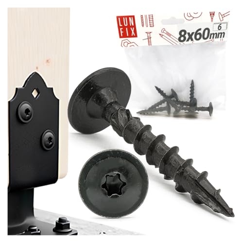 Holzschrauben 8x60 mm 6 Stk. mit Tellerkopf, torx schrauben verzinkt für pfostenträger, trockenbauschrauben schnellbauschrauben verbindung für akustikpaneele holz, außenbereich schwarz, Lun Fix von Lun Fix