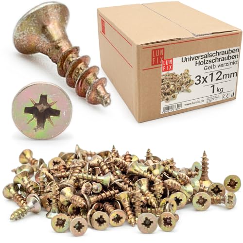 LUN FIX Universalschraube 3,0x12 mm - 1kg (2500stk) |Kreuzschlitz PZ1 | Senkkopf | Holzschrauben | GelbVerzinkt | Mehrzweckschrauben| Kreuzschlitzschrauben von Lun Fix