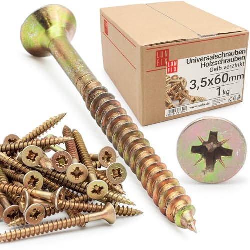 LUN FIX Universalschraube 3,5x60 mm - 1kg (440stk) |Kreuzschlitz PZ2 | Senkkopf | Holzschrauben | GelbVerzinkt | Mehrzweckschrauben| Kreuzschlitzschrauben von Lun Fix